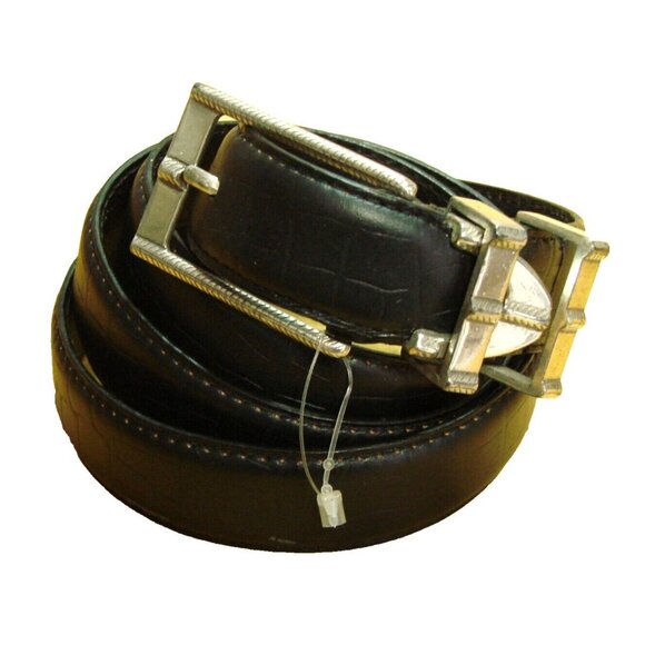 Mens 42 Black Imported Italian Embossed Leather Dress Belt Ornate Silver Buckle - Picture 1 of 12